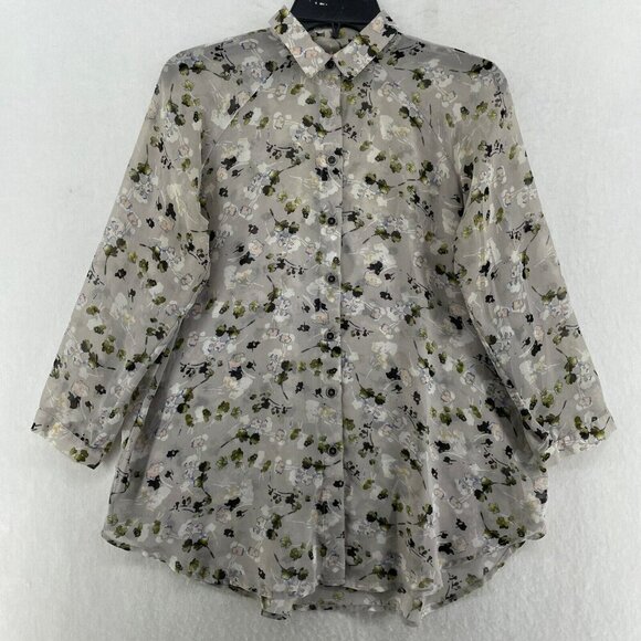 CAbi Tops - Cabi Blouse Women's Sz XS Gray Green Floral Allover Print 3/4 Sleeves Button Up